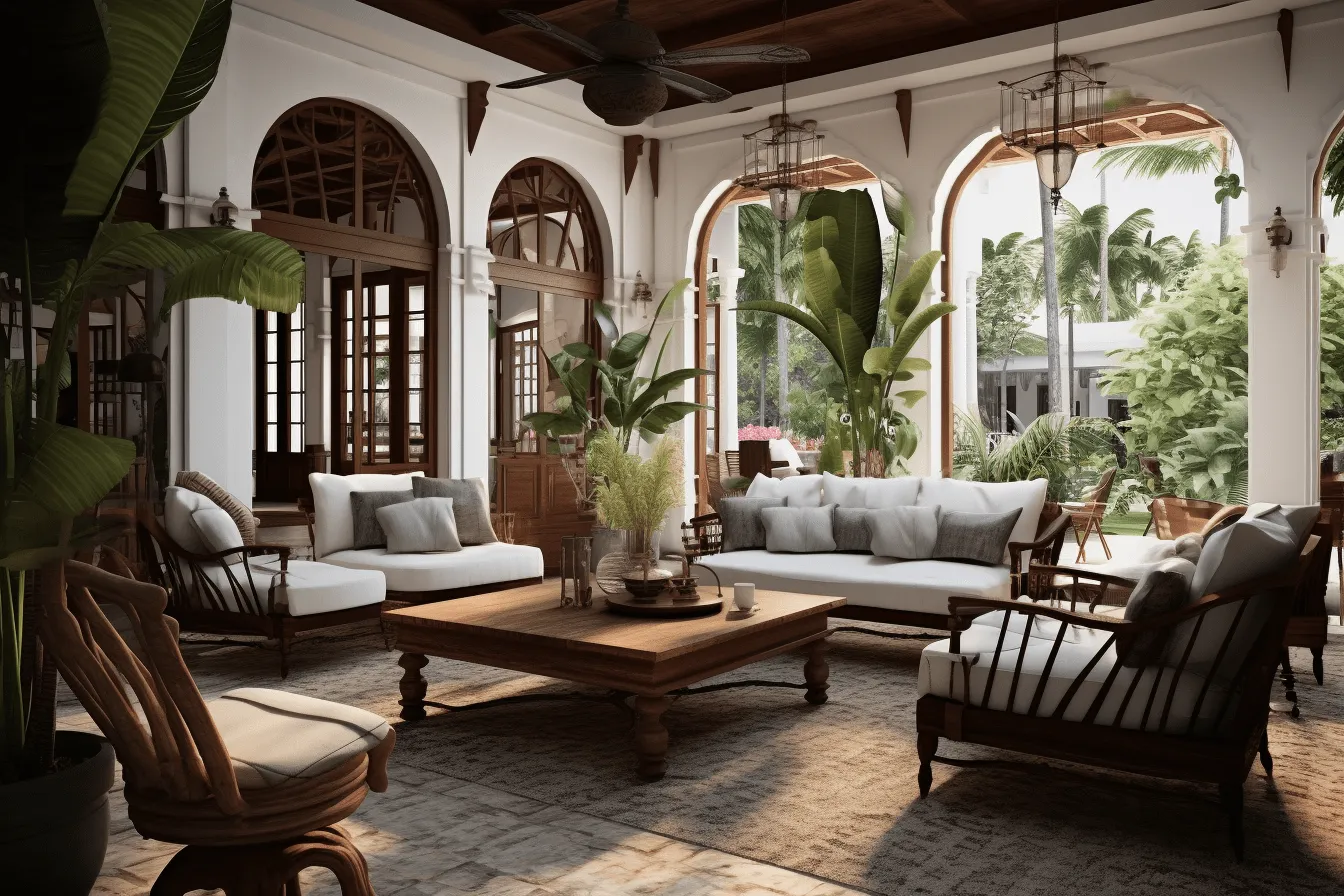Traditional living room with palm trees and oak, vray tracing, cambodian art, dark white and brown, detailed architecture, weathercore, traditional mexican style, exquisite craftsmanship