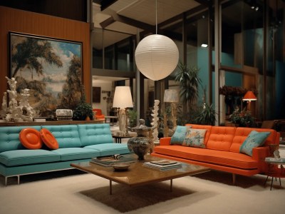 Turquoise Couches And Orange Accent Chairs In A Living Room
