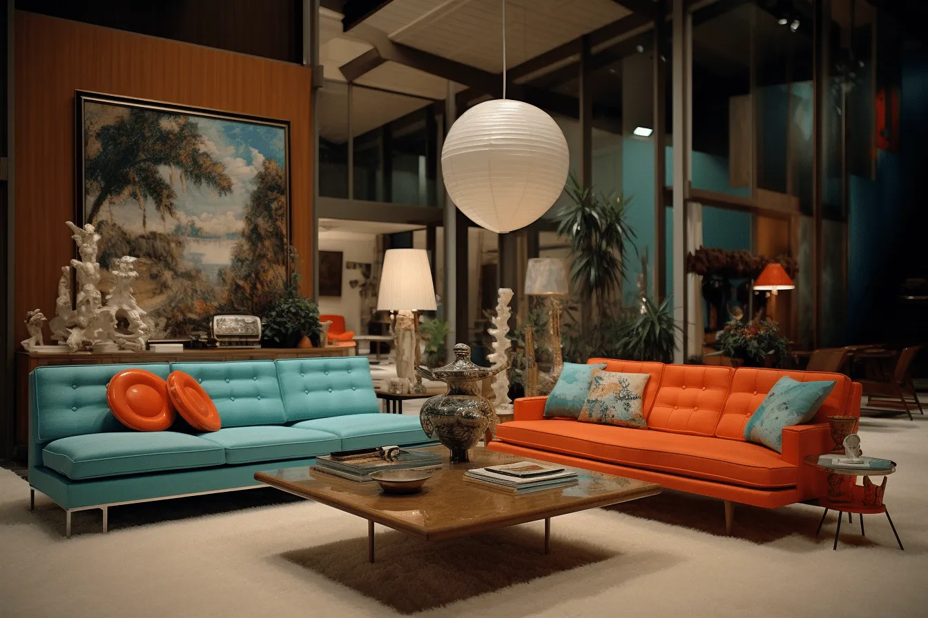 Orange and blue sofa and a blue table are arranged in a room, american mid-century design, color reversal film, flickr, illuminated interiors, meticulously detailed, highly staged scenes, turquoise and brown
