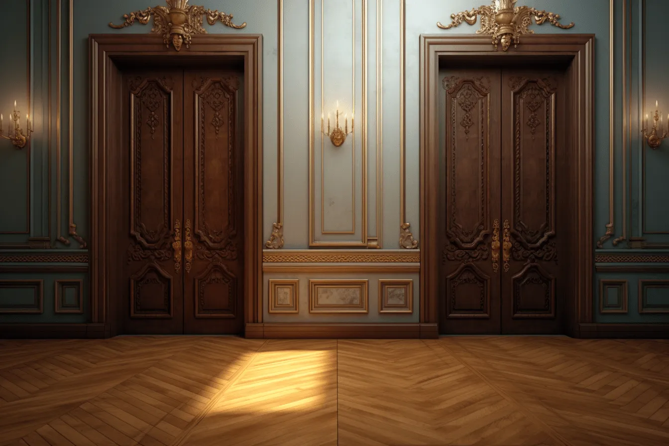 Double doors in the room with wooden floors, baroque dramatic lighting, dark gold and light blue, high resolution, intricate woodwork, american barbizon school, play of light, luxurious interiors