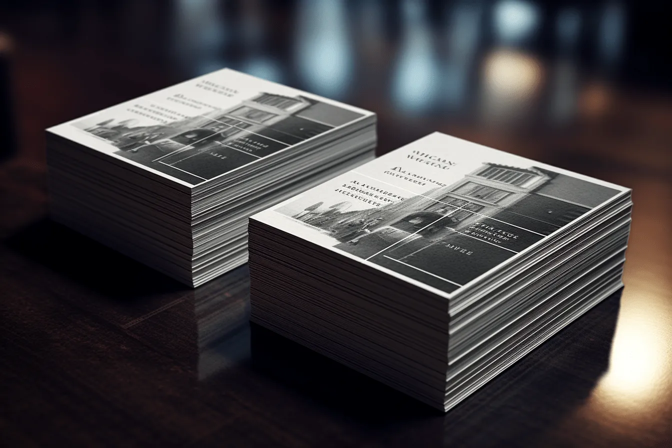 Business card in black and white, photorealistic cityscapes, vray, kodak vision3, piles/stacks