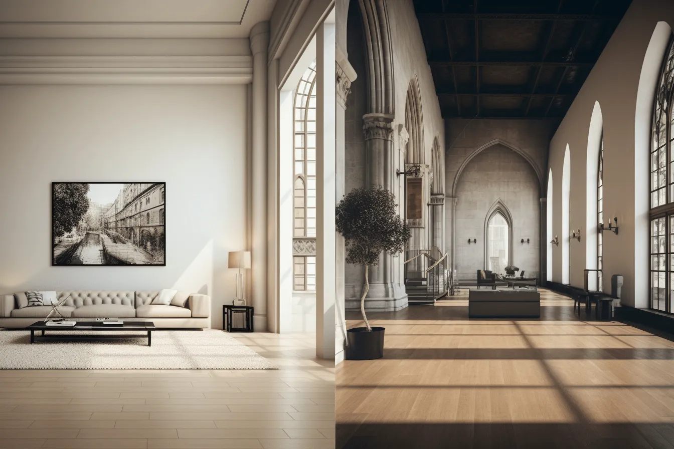 3d rendering of large living room and foyer, tamron 24mm f/2.8 di iii osd m1:2, gothic grandeur, narrative diptychs, minimalist cityscapes, romanesque, wood, tokina at-x 11-16mm f/2.8 pro dx ii