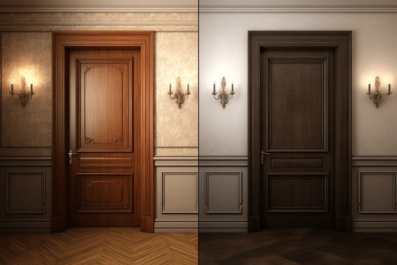 Two wooden doors in two different colors, luxurious textures, dark brown and gray, sepia tone, raw versus finished, ornate interiors, realistic lighting, traditional color scheme