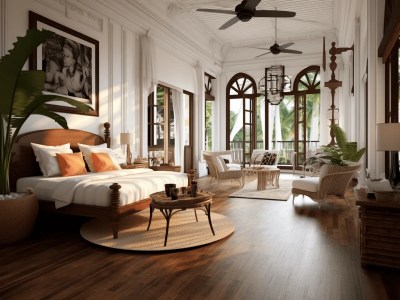 Upscale Luxurious Bedroom With Wide Planked Floors And Ceiling Fans
