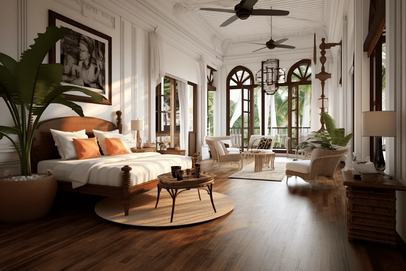 Example of a nice bedroom with lots of windows, tropical baroque, vray tracing, timeless artistry, historical illustration, varying wood grains, dark white and orange, 32k uhd