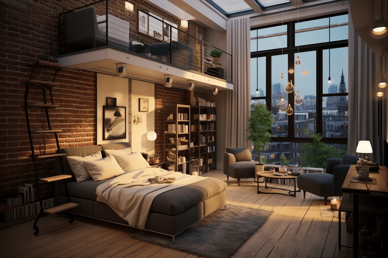 Urban loft bedroom with windows, highly detailed environments, light black and light amber, atmospheric urbanscapes, cabincore, 32k uhd, everyday life, thick texture