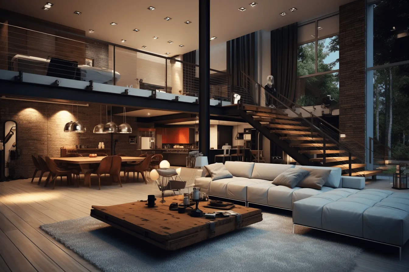 Urban style living room with stairs, subtle lighting contrasts, cabincore, photo-realistic hyperbole, expansive spaces