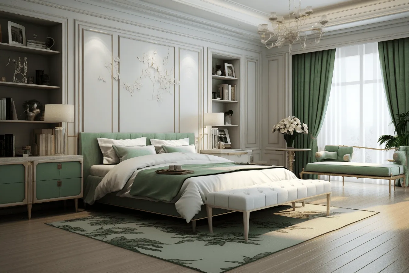 Simple bedroom, with white and green design ideas, neoclassical clarity, bryce 3d, traditional vietnamese, realistic hyper-detailed rendering, sleek and stylized, luxurious fabrics, vintage modernism