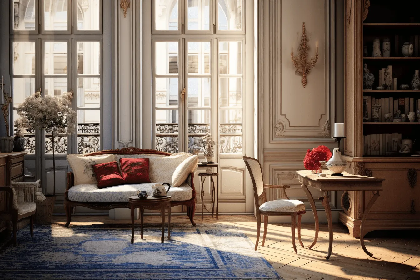 Of furniture in an old room, vray tracing, vignettes of paris, light crimson and dark amber, uhd image, elegantly formal