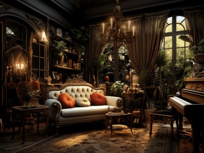 Victorian Style Living Room With A Dark Couch And Clock