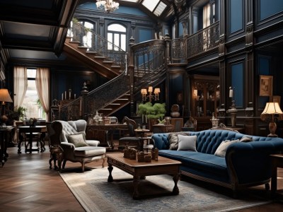 Victorian Style Living Room With Stairs And Big Chandeliers