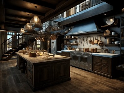 Vintage Rustic Kitchen With Old Oak Cabinets And A Chandelier With Lights
