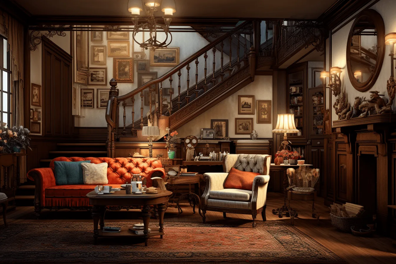 Victorian living room for old games, photorealistic urban scenes, dark white and orange, 32k uhd, multi-layered narrative scenes, realistic portrayal, photorealistic scenes