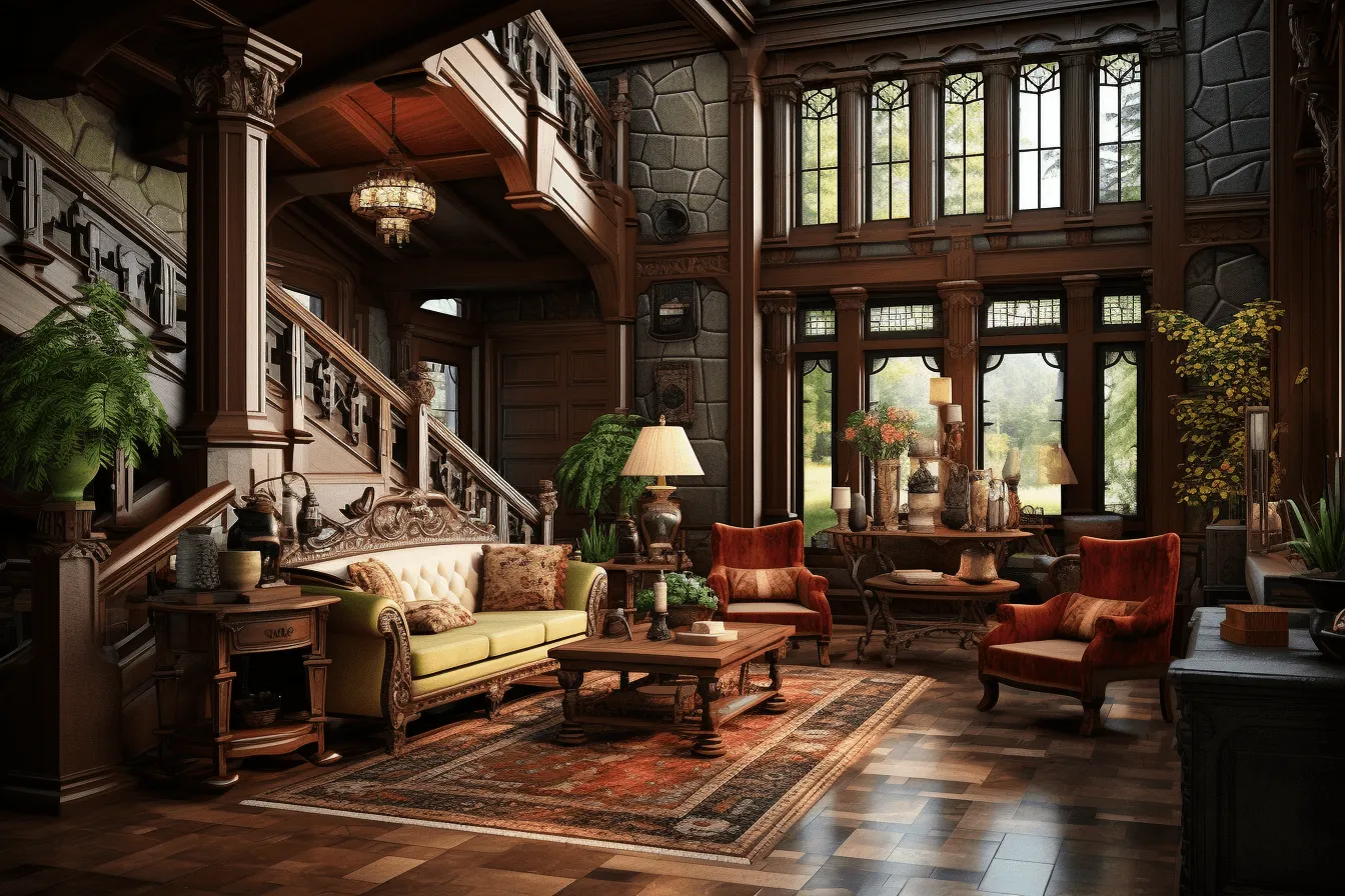 In the picture, there is a living room filled with furniture and windows, richly detailed backgrounds, dark bronze and dark amber, intricate woodwork, detailed architecture, natural lighting, high detail, moody lighting