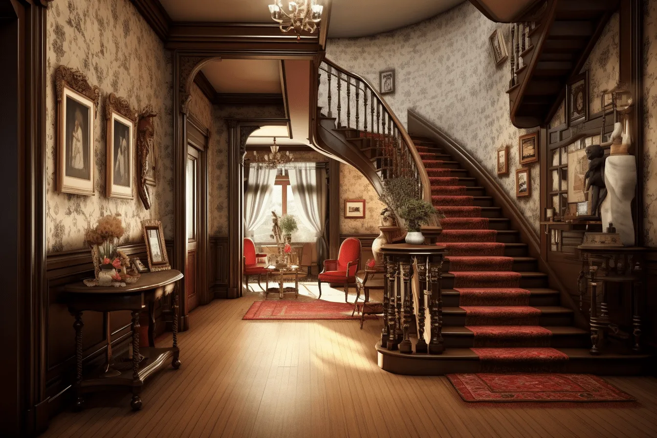 Interior stair design the best way  victorian home interiors interior decor on facebook, rendered in unreal engine, dark red and light red, uhd image, sepia tone, eerily realistic, vintage atmosphere