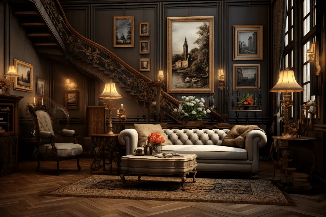 Older style living room, unreal engine 5, baroque-inspired chiaroscuro, photorealistic urban scenes, realistic yet romantic, eerily realistic, realistic details, dark gray and bronze