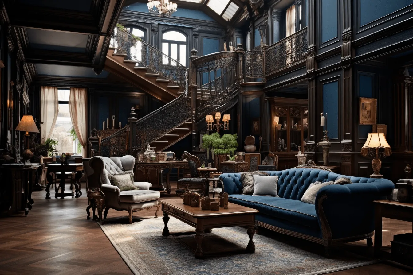 Victorian style living room with stairs and big chandeliers, vray tracing, dark blue and brown, hyperrealistic details, romanticized views, wood, 32k uhd, barroco