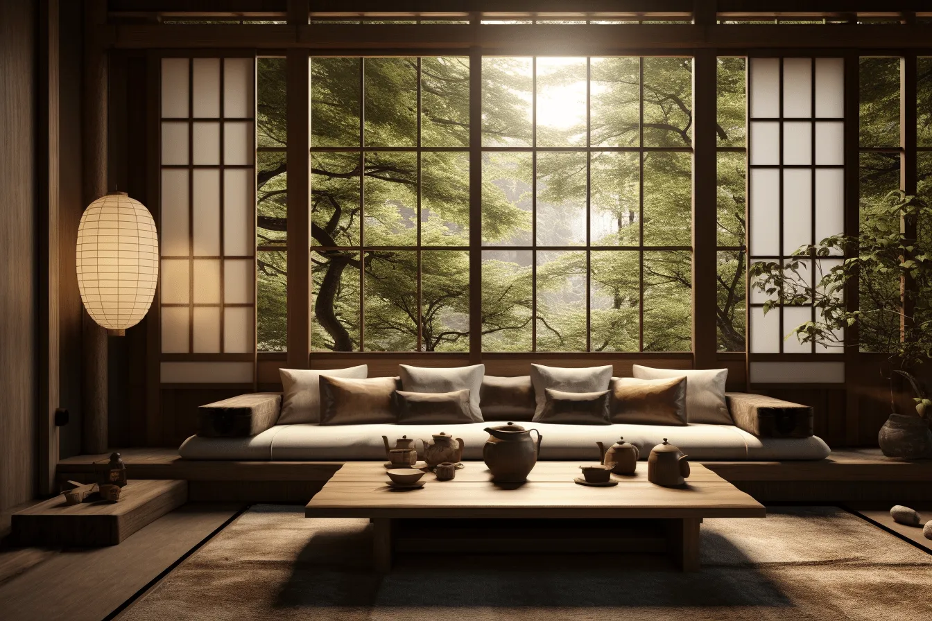 Big window with natural light, japanese-inspired imagery, 32k uhd, tonalist color scheme, earthy elegance, utilizes, captures the essence of nature, serene visuals