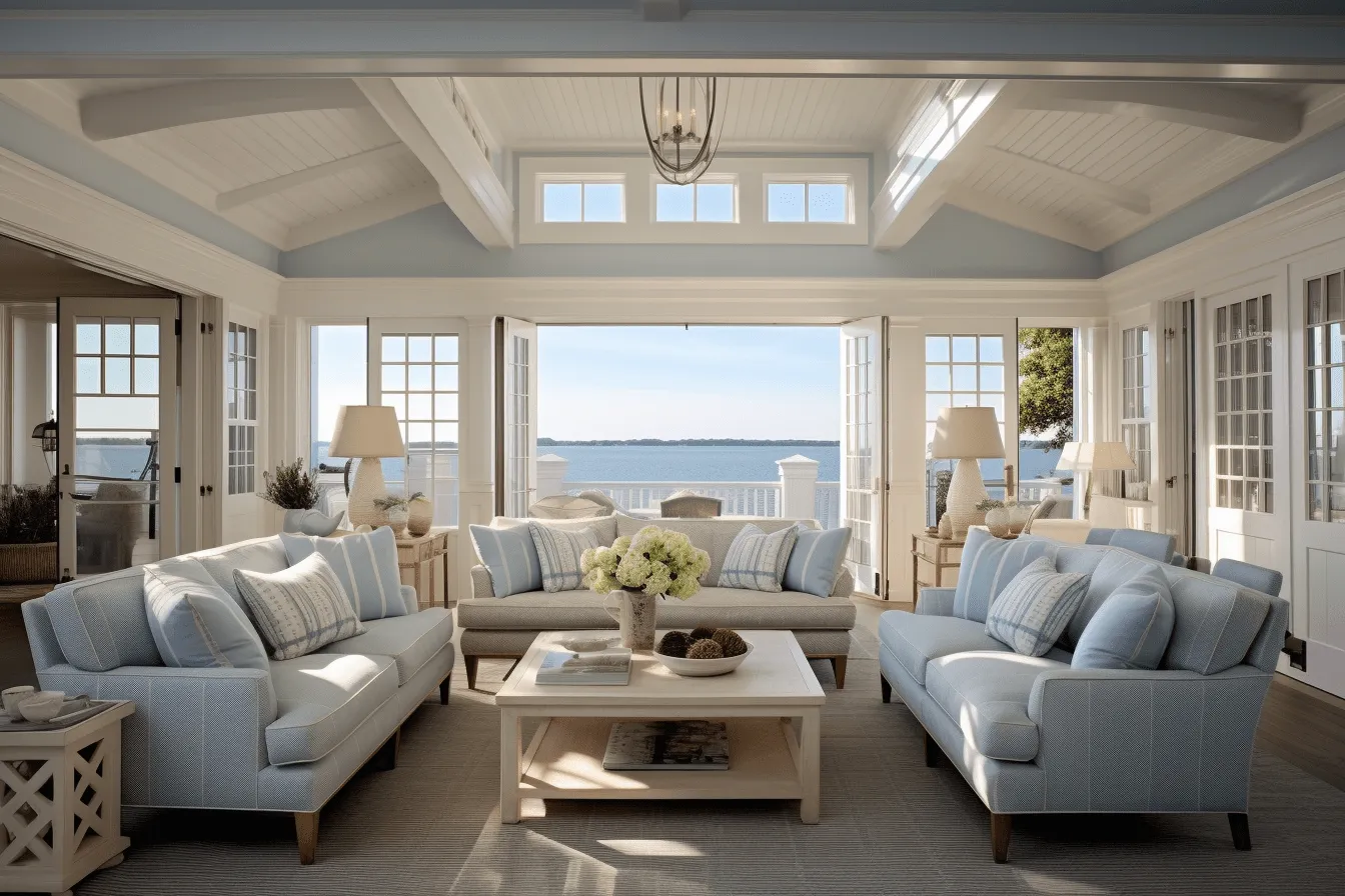 A x living room with white furniture, captivating harbor views, light indigo and beige, intricate woodwork, solarizing master, american tonalist, cabincore, light-filled scenes