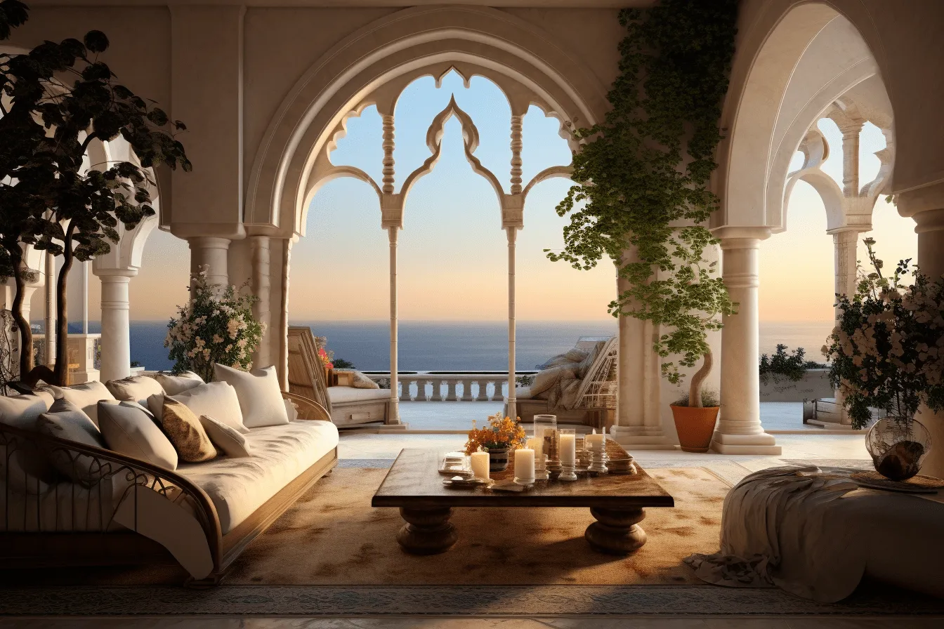 Living room with big windows on the ocean, romanesque, highly detailed, mediterranean-inspired, romantic ruins, intricately sculpted, tranquil gardenscapes, iconic