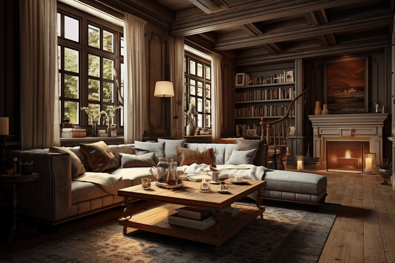 This is a small living room, unreal engine 5, romantic atmosphere, sepia tone, intricate woodwork, combining natural and man-made elements, multi-layered, study