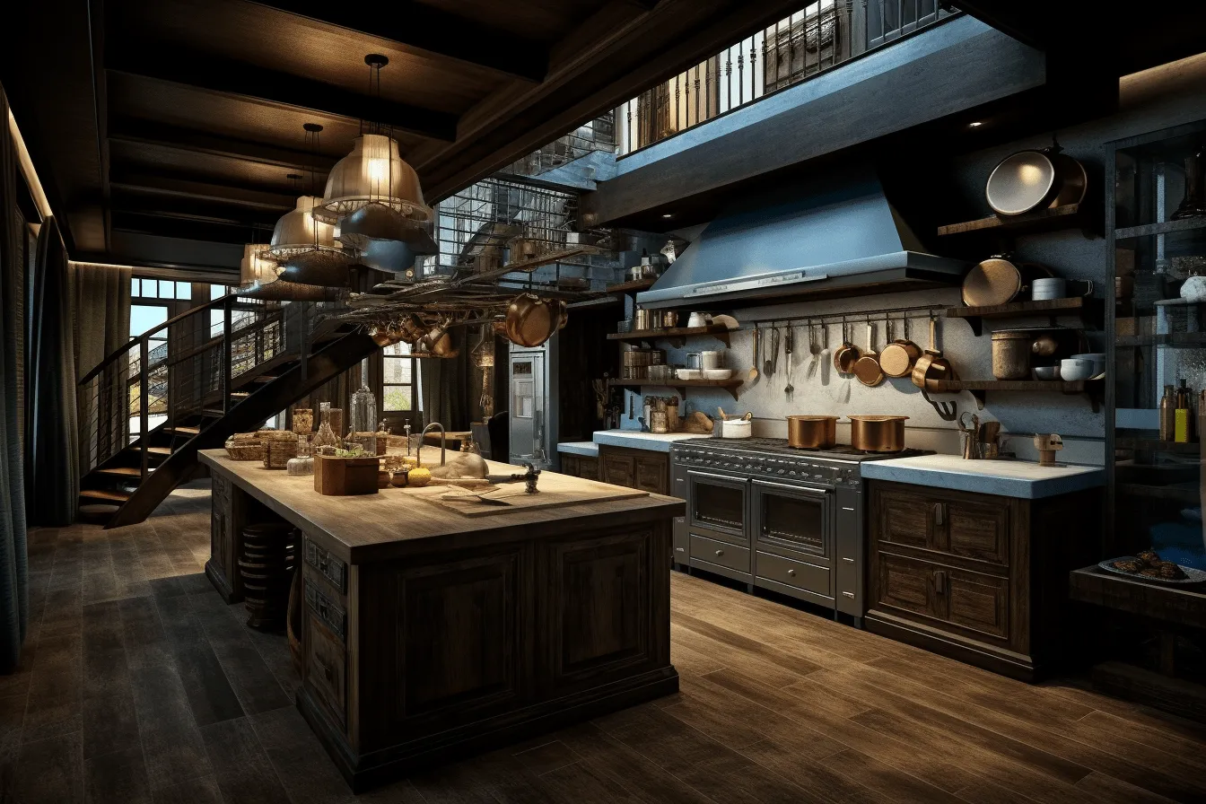Kitchen with lots of nooks and shelves, unreal engine 5, renaissance-inspired chiaroscuro, uhd image, daz3d, dark sky-blue and bronze, rural china, 32k uhd