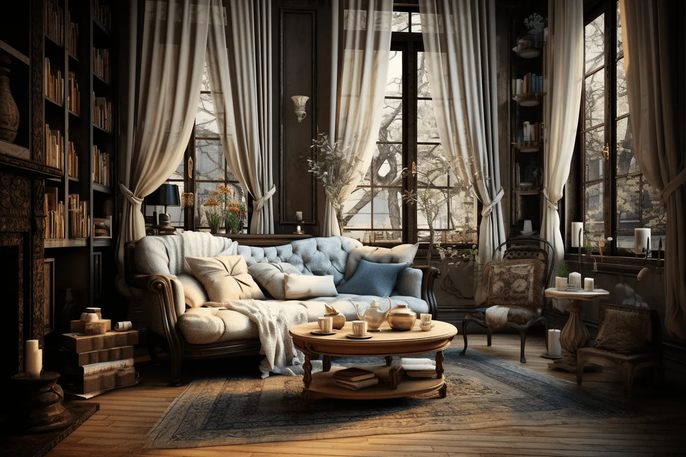 Living room with bookshelves, a sofa and a coffee table, romantic chiaroscuro, vintage atmosphere, luxurious drapery, uhd image, industrial feel, light blue and beige, rococo whimsy