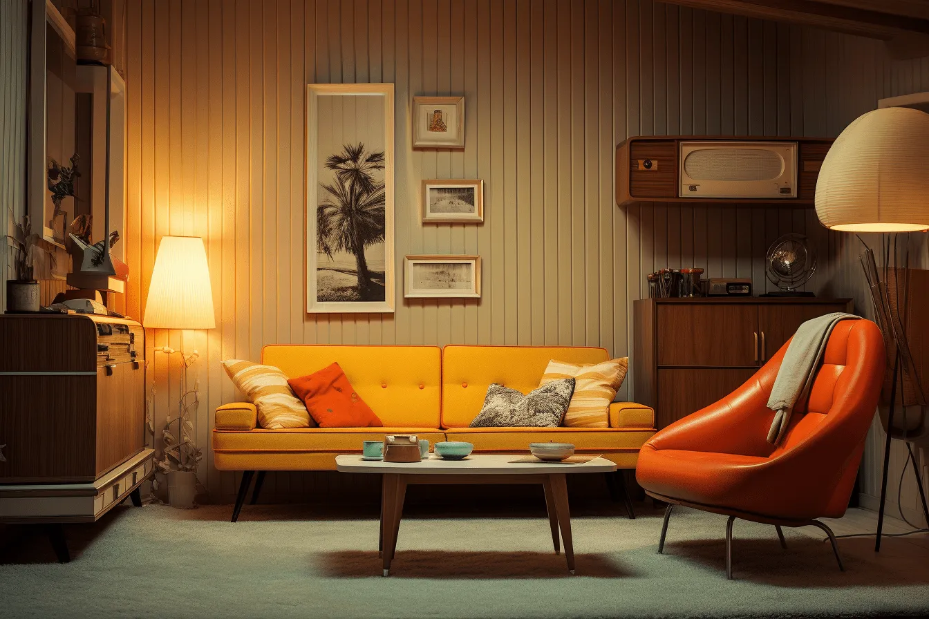 Vintage yellow living room is set up with a lot of furniture and lamps, vray tracing, dark orange and amber, photo-realistic techniques, midcentury modern, dutch genre scenes, cinematic lighting, color splash