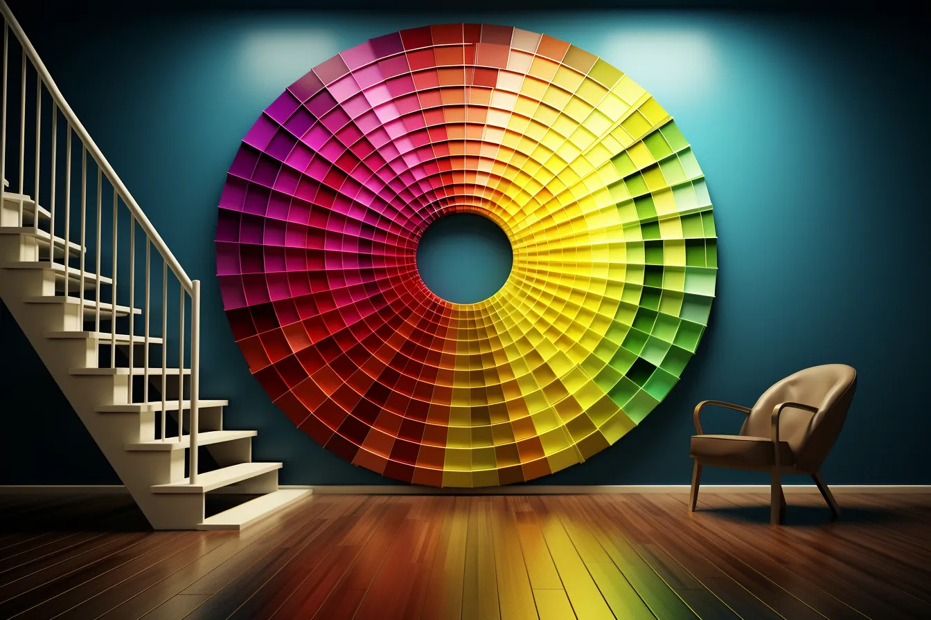 Colorful wall pattern with stairs, realistic interiors, circular shapes, hard edge painter, dark colors, loose paint application, immersive, expansive