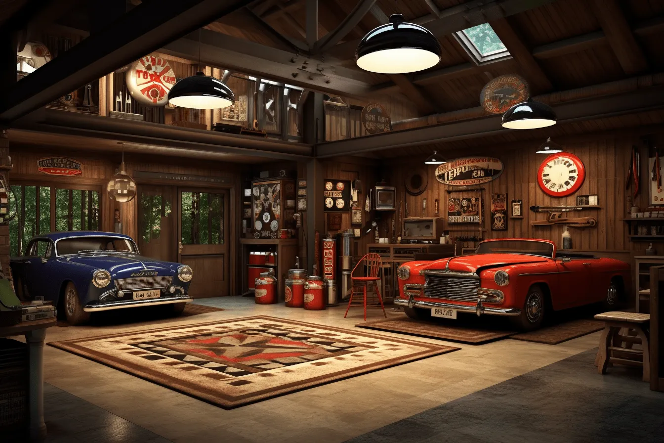 Red antique car, realistic and hyper-detailed renderings, beautiful interiors, cinematic sets, cabincore, danish design, pictorial space, dark indigo and brown