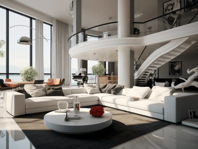 White Couch And The Stairs Are Separating The Living Room From The Bedroom