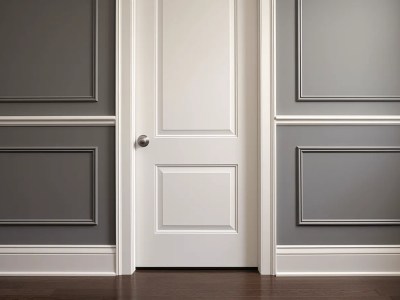 White Door With Decorative Wall Panels And Gray Wall Paint