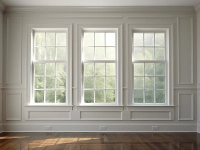 White Floor And 3 Large Windows Sitting On A Wooden Floor
