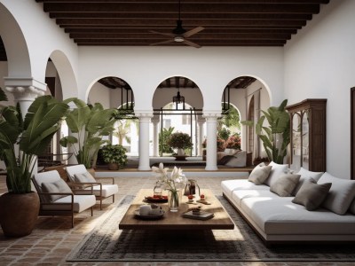 White Living Room Decorated With Plants And Arches