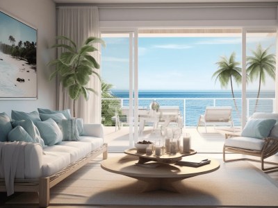 White Living Room With A View Out To The Ocean