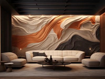 White Living Room With Sand And Lava Swirled Wall Art