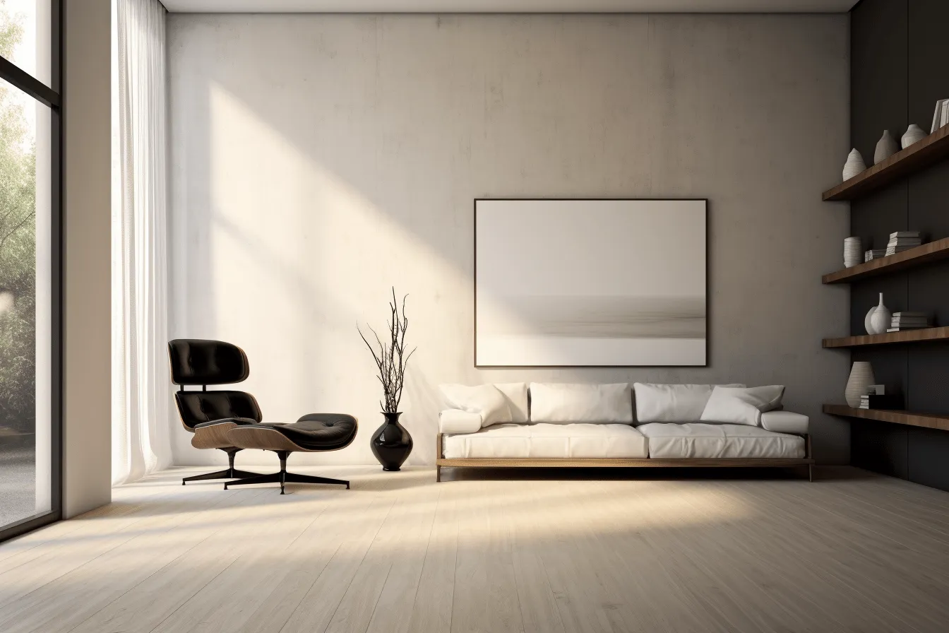 Modern modern living room furniture 3d render, monochromatic minimalist portraits, tranquil serenity, organic modernism, unprimed canvas, classic japanese simplicity, sunrays shine upon it