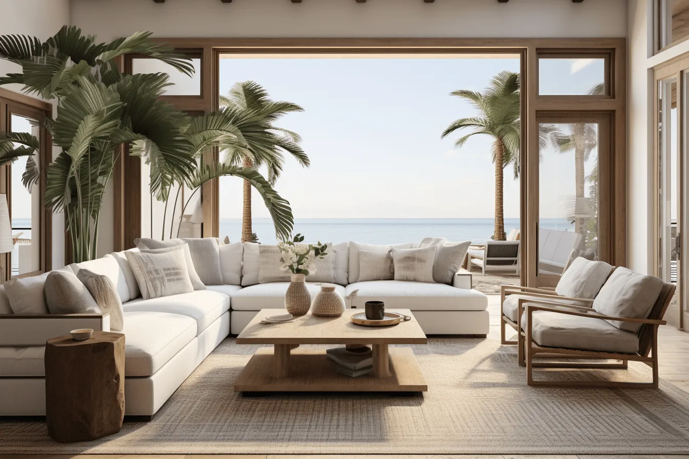 White and brown living room with the ocean view, highly detailed foliage, multilayered dimensions, 8k resolution, outdoor scenes, subtle, earthy tones, weathered materials, international style