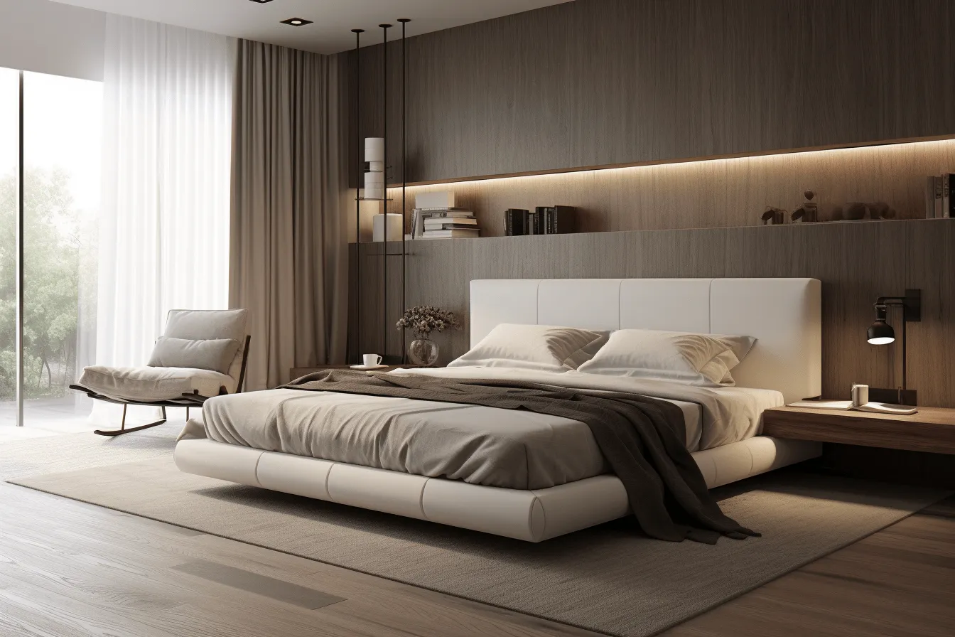 Modern bedroom has white walls, a bed and a chair, daz3d, white and brown, soft, atmospheric lighting, layered lines, matte background, eco-friendly craftsmanship, dark white and light amber