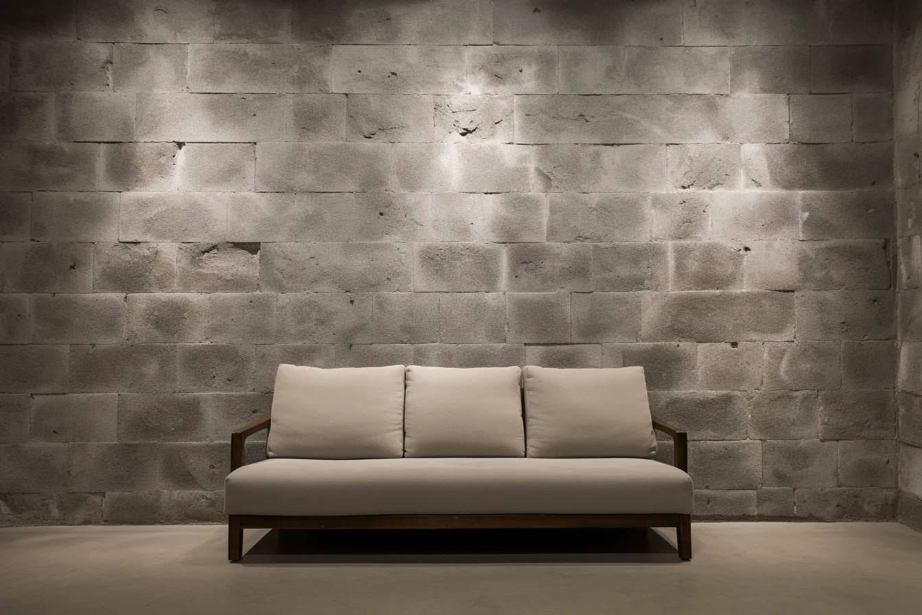 White couch in front of a stone wall, luminous sfumato, dark beige, mundane materials