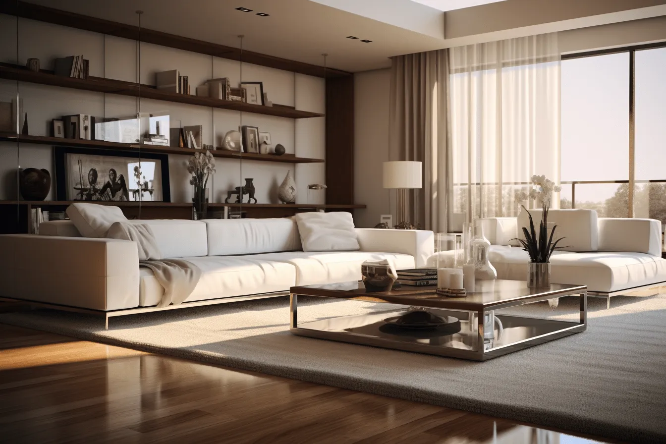 This is a white living room, vray tracing, realistic portrayal of light and shadow, dark beige and light amber, uhd image, shiny/glossy, atmospheric and moody lighting, layered depth