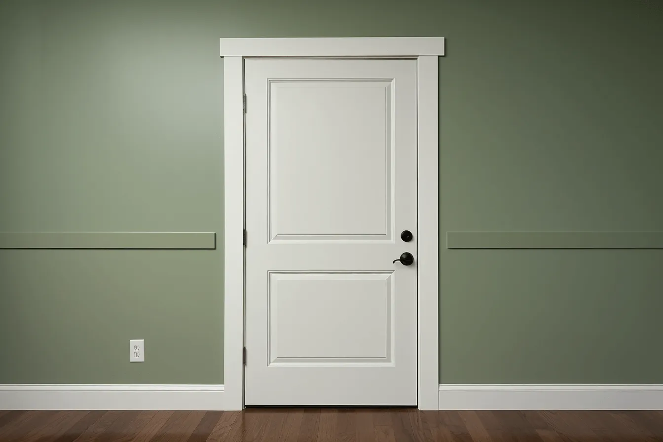 White door in the room with a wooden floor, green, 8k resolution, late 19th century, flat form, sculpted, manapunk, m42 mount