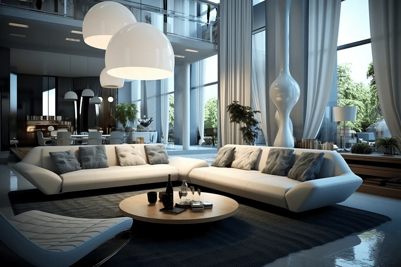 Modern living room with large windows and white furniture, intense and dramatic lighting, oversized objects, meticulously detailed, multi-layered, glossy finish, soft, atmospheric lighting