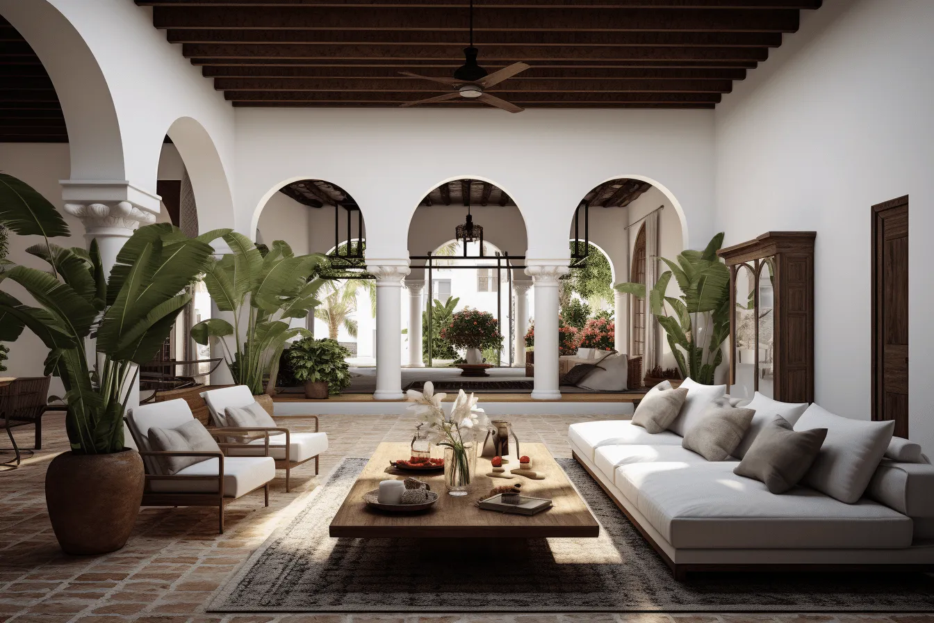 White living room area with an archway and window, mesoamerican influences, vray tracing, outdoor scenes, symmetrical arrangements, light brown and dark black, tropical baroque, restored and repurposed