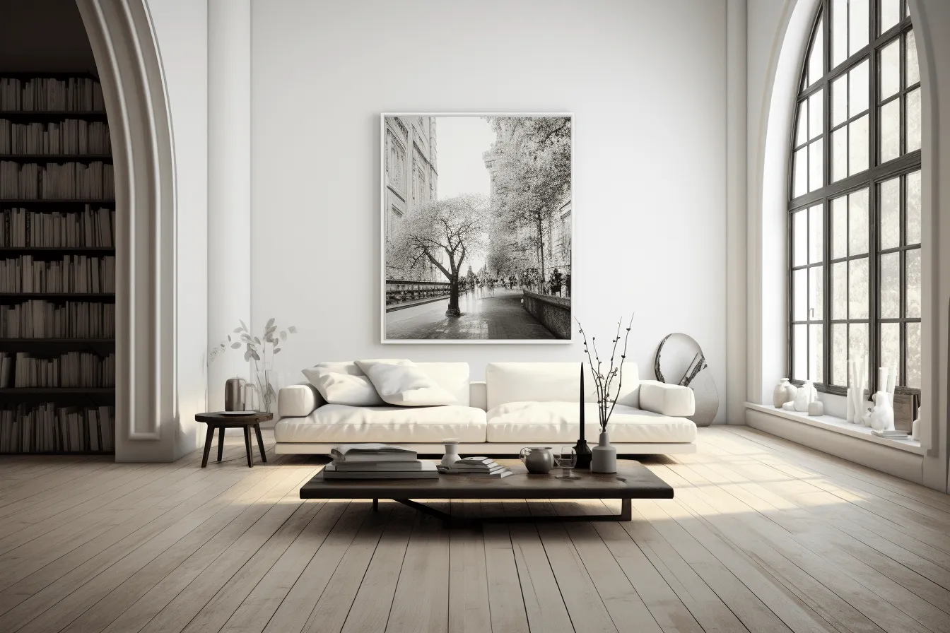 Living room with black and white furniture, serene and tranquil scenes, photo-realistic, intentionally  canvas, life in new york city, soft mist, 19th century style, crisp and clean look