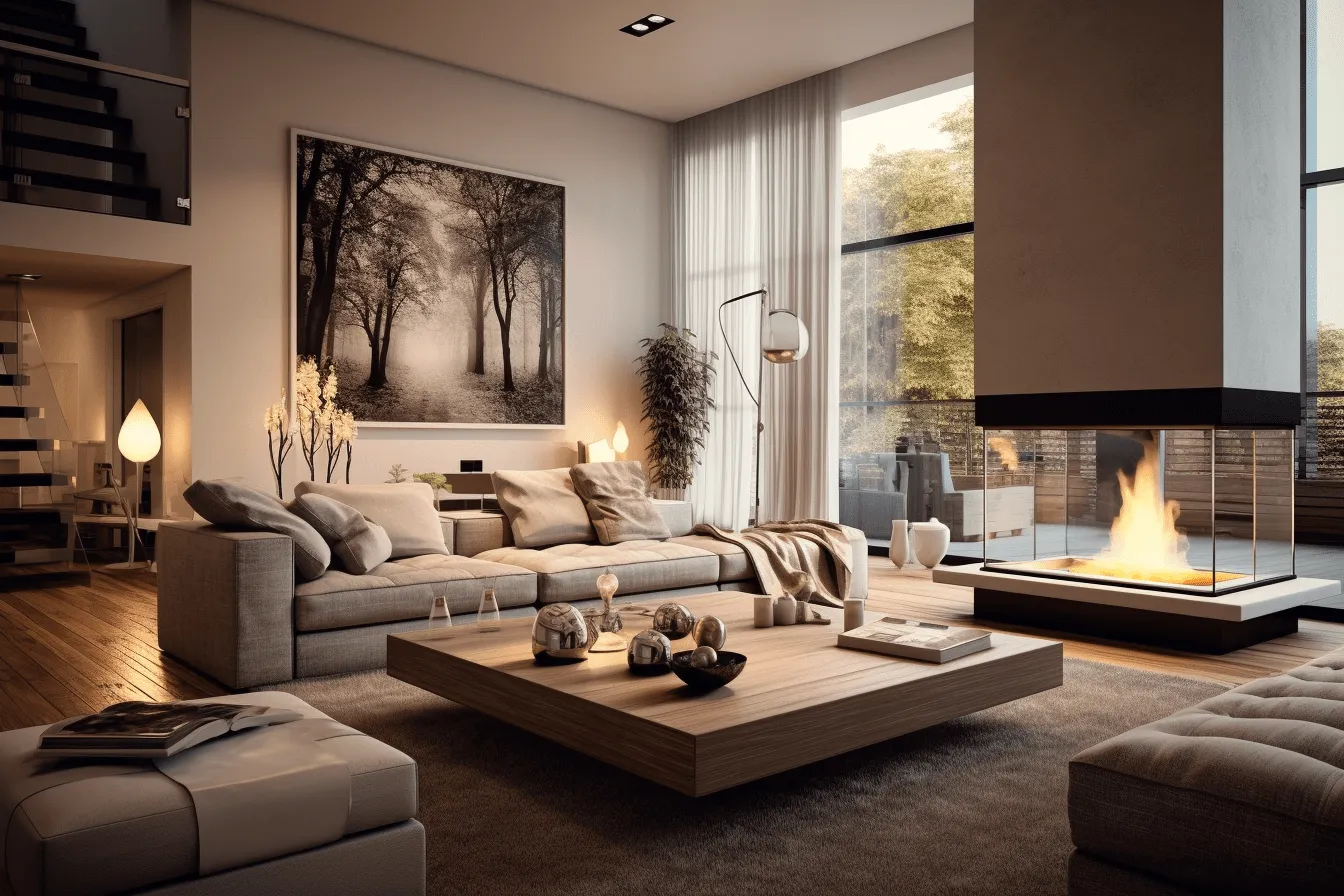 White living room with a coffee table and fireplace, realistic landscapes with soft, tonal colors, realistic chiaroscuro lighting, naturalistic cityscapes, light brown and beige, captures the essence of nature, high quality photo, depth of layers