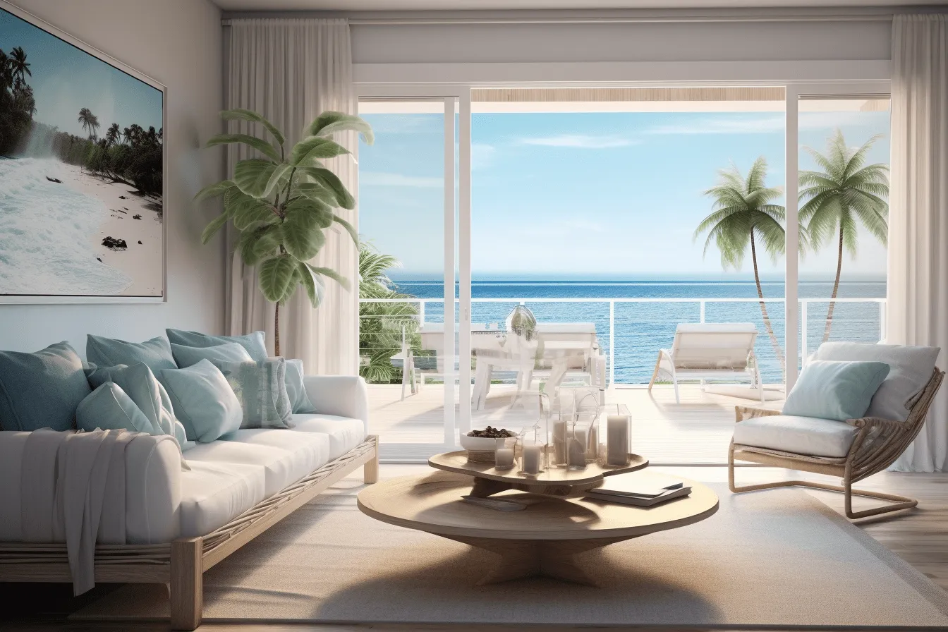 Living room in the middle of the ocean with tropical plants, photorealistic renderings, serene oceanic vistas, minimalist staging, light-filled, transavanguardia, light indigo, majestic ports
