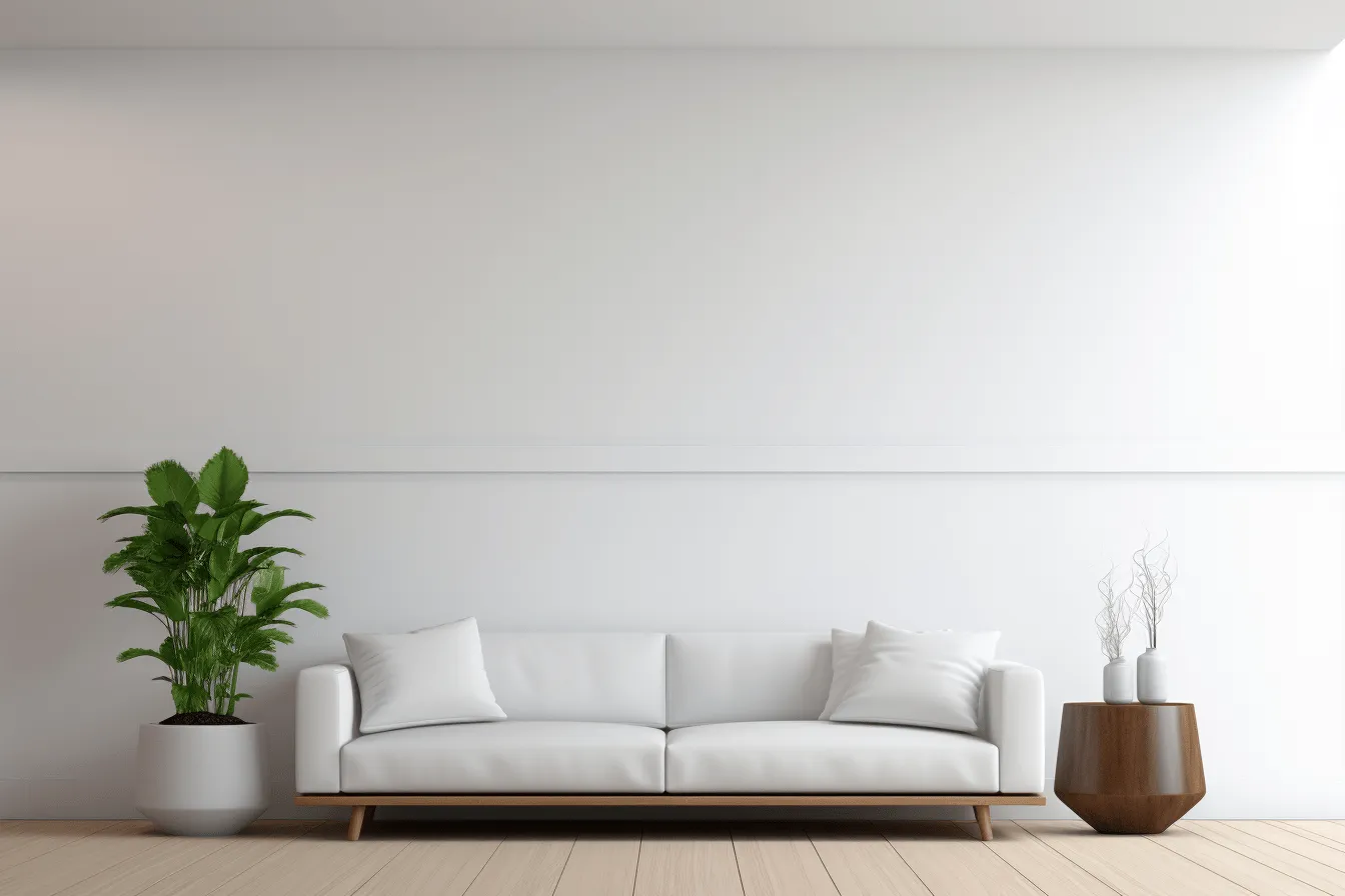 White sofa in white room with plant background 3d rendering illustration, minimalism tendencies, uhd image, abstract minimalism appreciator, minimalist: spare simplicity, minimalist abstracts
