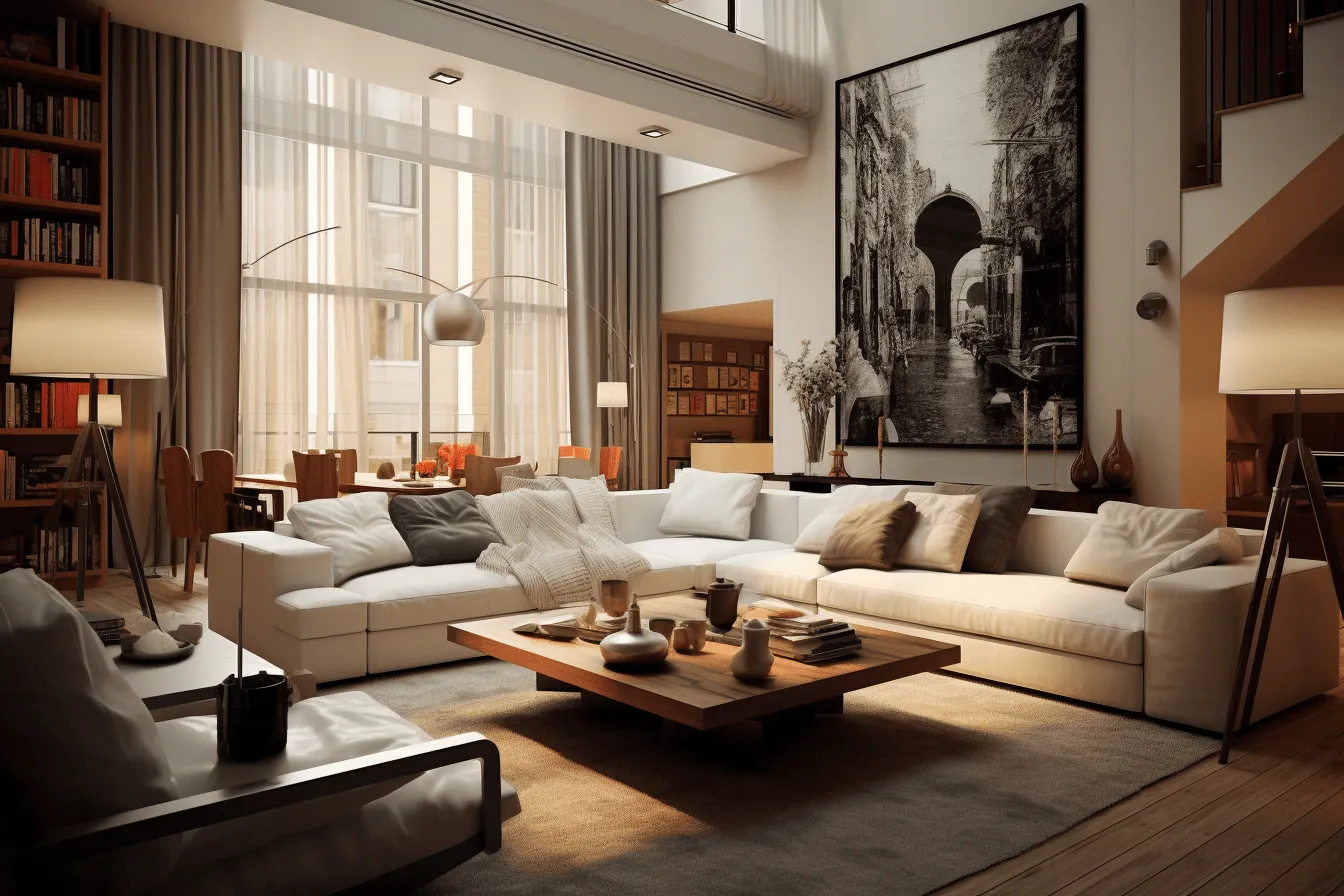White sofa and a coffee table in this living room, hyper-realistic urban, multilayered, meticulous realism, tonalist color scheme, solarizing master, meticulous design, swiss style