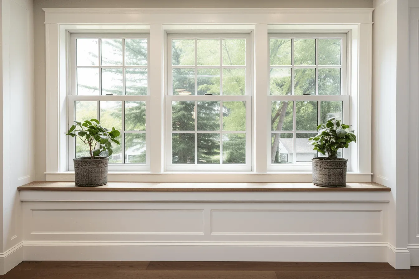 Window seat in a large room, detailed foliage, restored and repurposed, weathercore, 32k uhd, high contrast lighting, minimalist detail, natural light